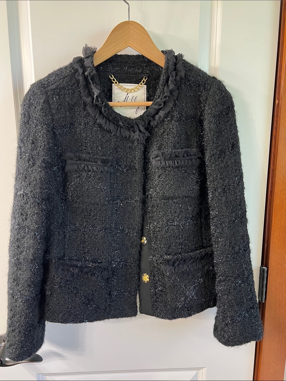 Milly Black Textured Tweed Blazer with Red Lining